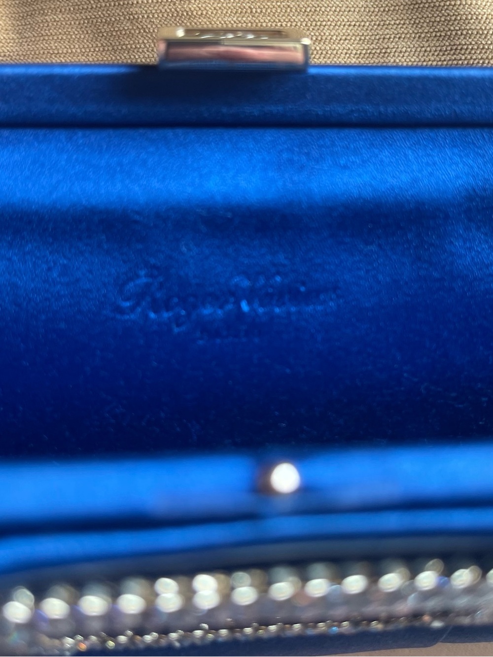 LIKE NEW ROGER VIVIER ROYAL BLUE SATIN CRYSTAL ELONGATED TUBE PILGRIM CLUTCH - Picture 11 of 13